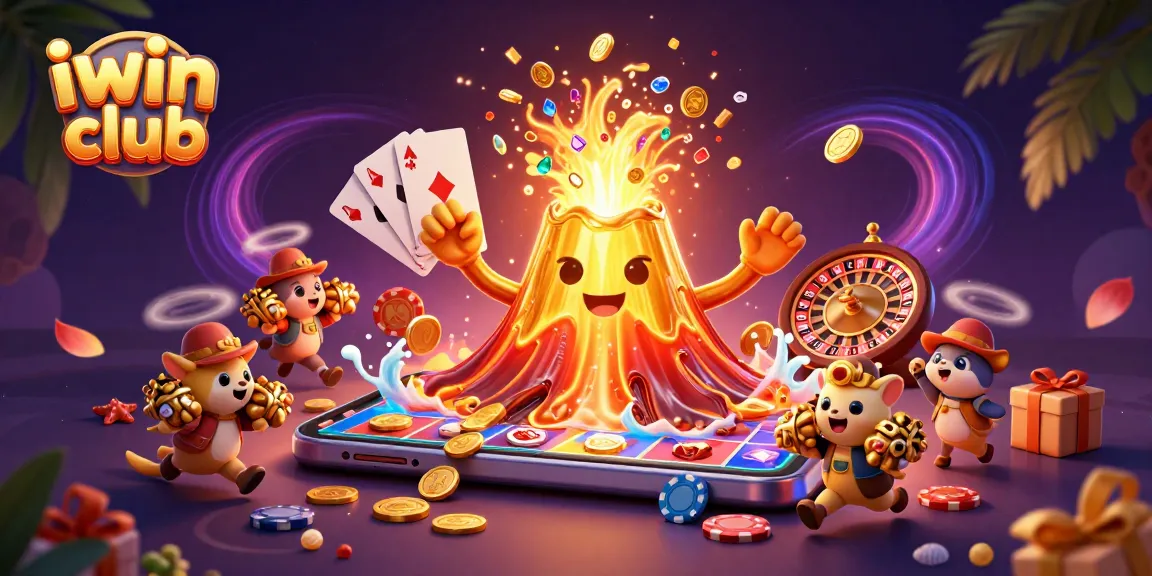Experience the excitement at iwin club with a cascading volcano of treasure and vibrant casino elements.