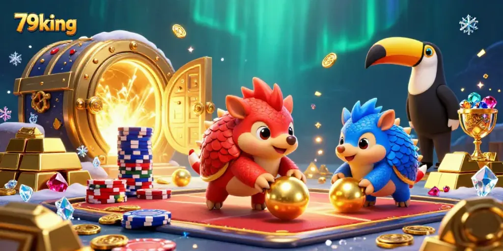 79king pangolins roll golden balls through poker chips, embodying thrilling casino competition