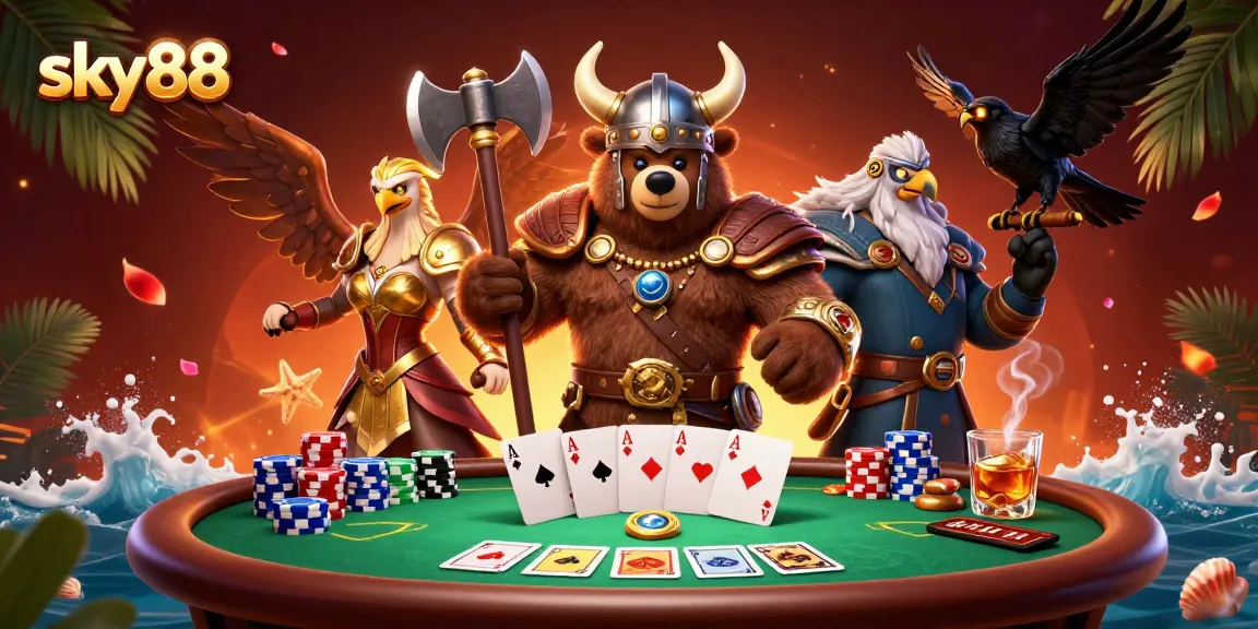 Join sky88 for an epic poker showdown with vibrant characters and dynamic casino elements.