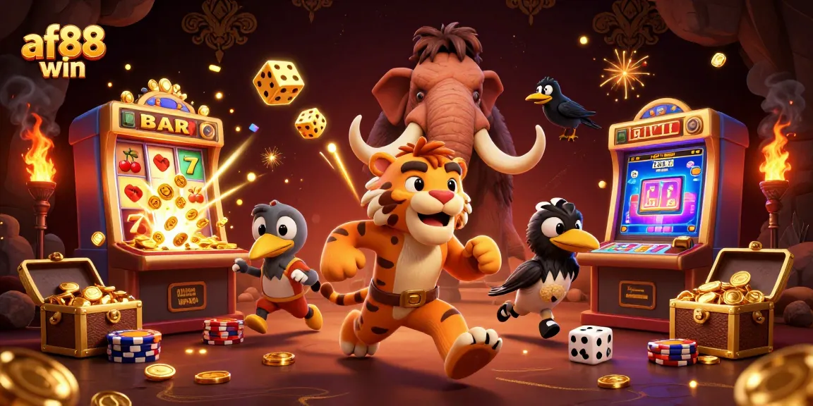 Experience af88 win with thrilling casino adventures in a dynamic prehistoric themed illustration.