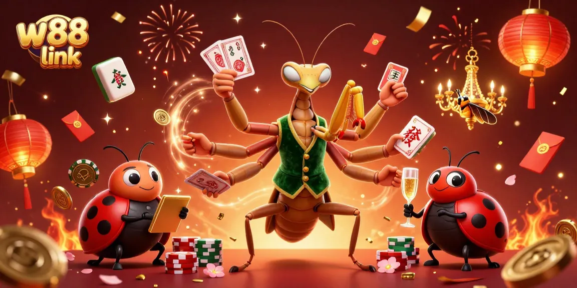 Engage with the vibrant w88 link scene showcasing a giant mantis and a ladybug pit boss in a lively casino.