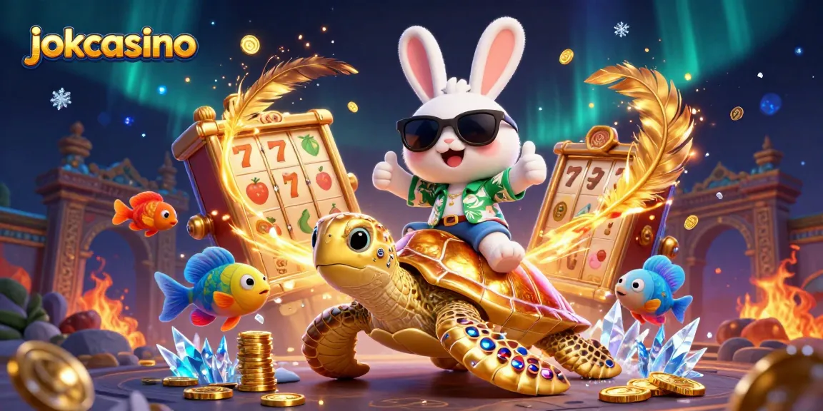 Experience excitement at jokacasino with a lucky rabbit and golden turtle amidst vibrant casino elements.