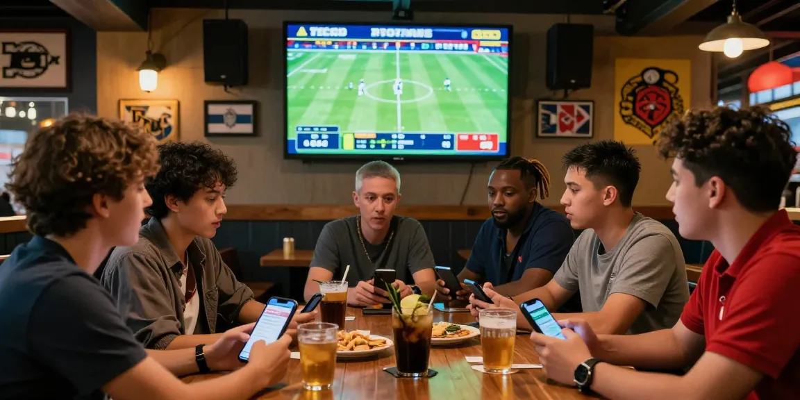 Prediksi Bola Malam Ini scene with bettors enjoying live football matches, showcasing excitement in a sports bar atmosphere.
