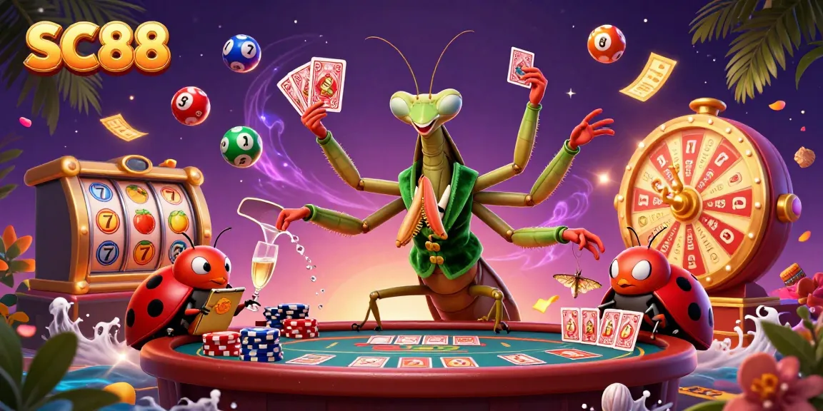 Celebrate winnings at SC88 with a vibrant casino scene featuring playful slot game elements and cartoon characters.