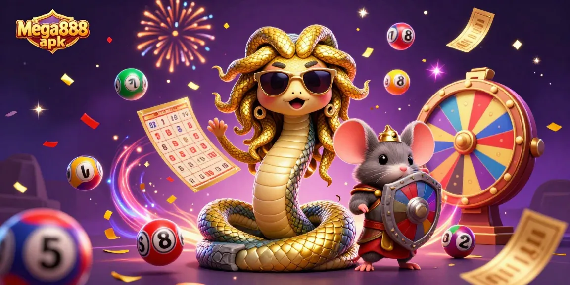 Experience the excitement of Mega888 APK with lively characters and dynamic casino elements in this illustration.