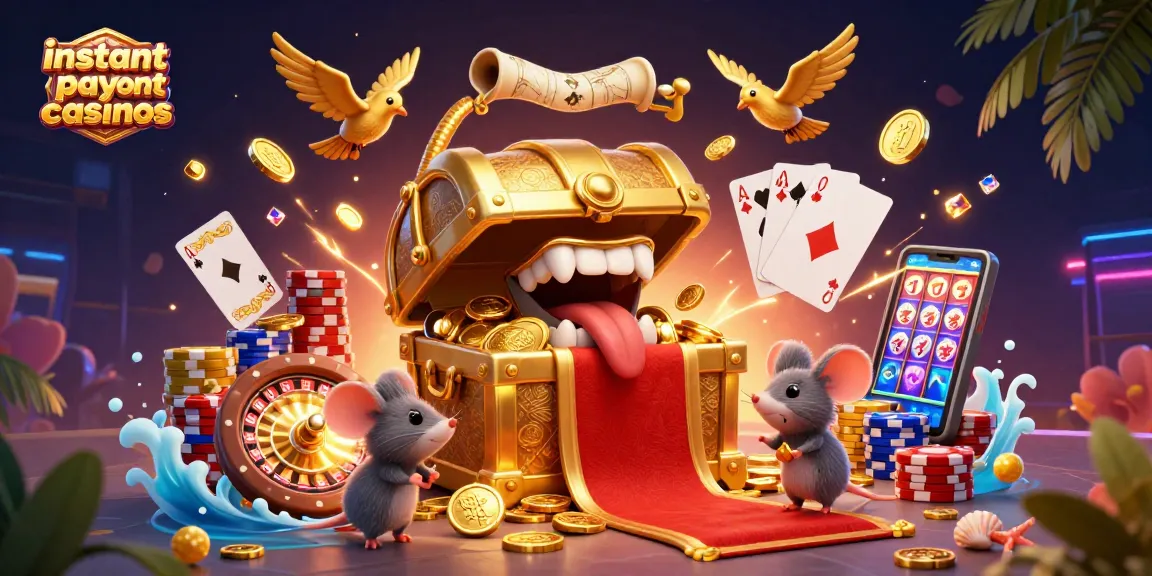 Experience instant payout casinos with a vibrant 3D illustration featuring treasure, mice, and casino elements.
