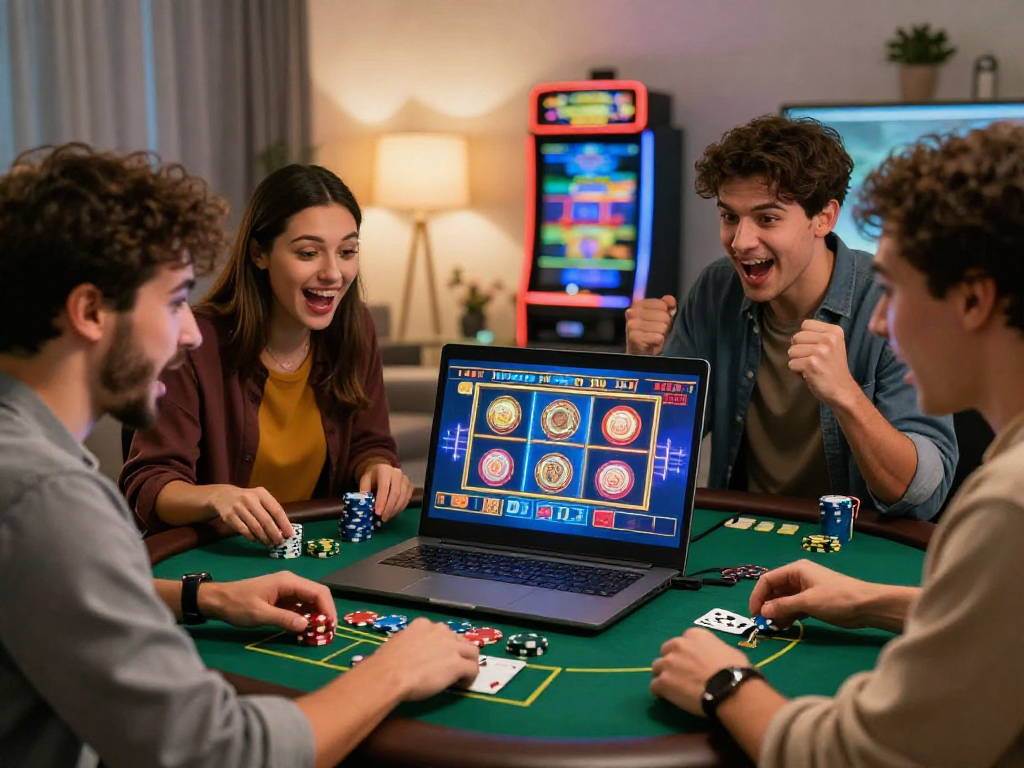 I migliori casino online: amici che si divertono a giocare a un casinò dal vivo, atmosfera emozionante e accogliente.