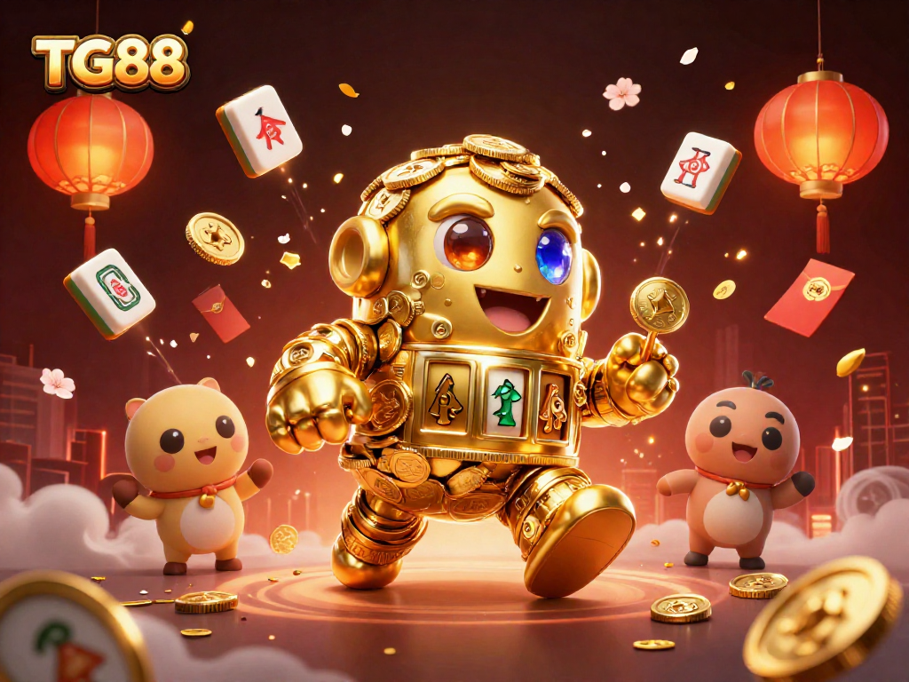 Experience TG88's dynamic gaming scene with a golden golem and festive elements enriching the atmosphere.