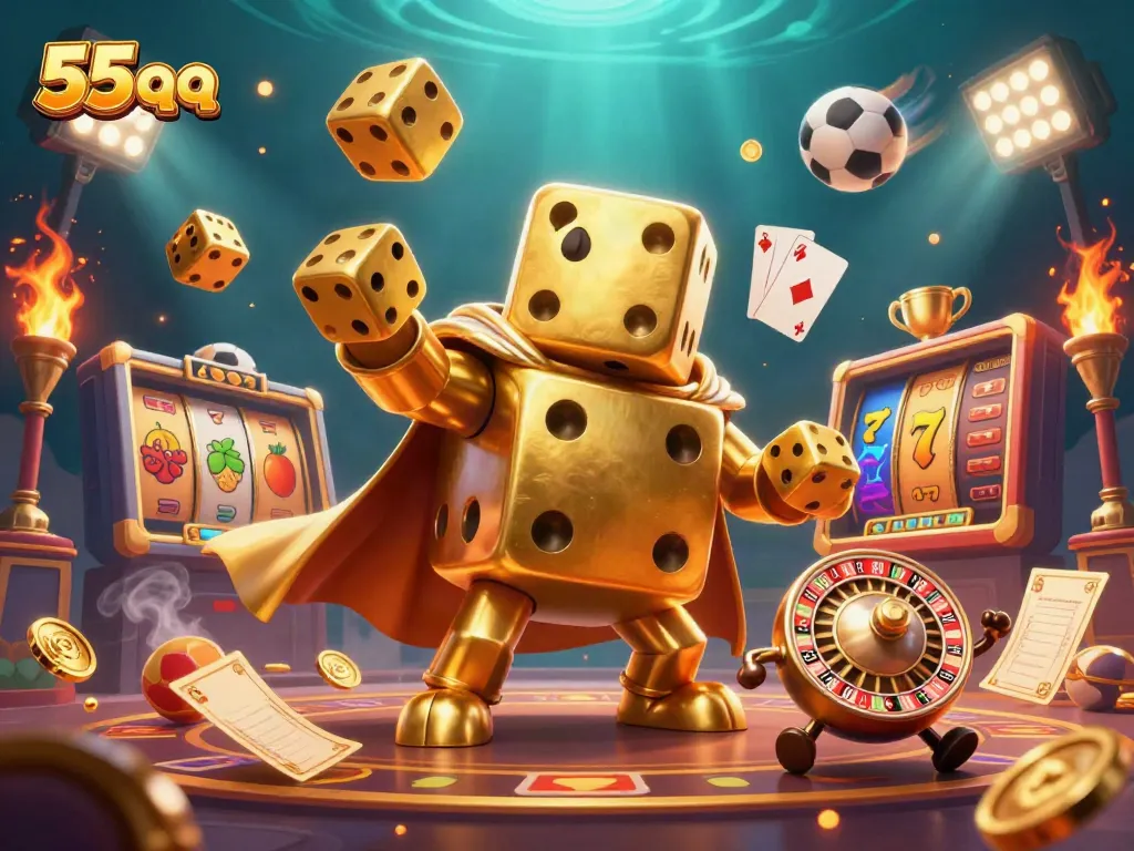 Experience the excitement of 55 qq with this vibrant depiction of a golden dice golem and gaming elements.