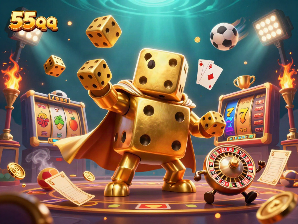 Experience the excitement of 55 qq with this vibrant depiction of a golden dice golem and gaming elements.