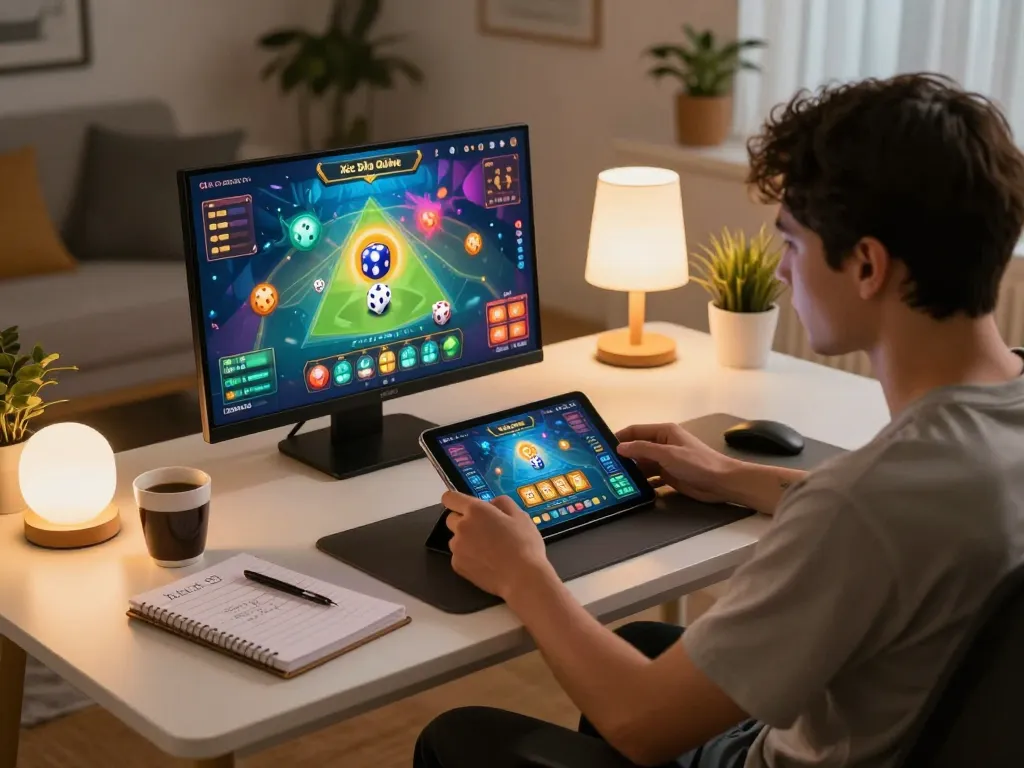 Xóc Đĩa Online gameplay on a tablet in a cozy home environment, showcasing vibrant betting options and strategic notes.