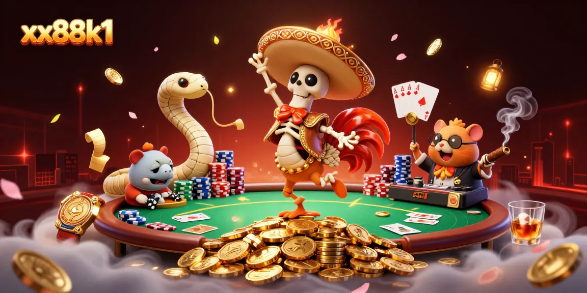 Experience thrilling gaming action with xx88k1's vibrant characters celebrating wins amidst colorful casino elements.