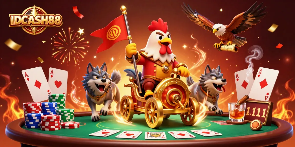 Experience excitement with IDCASH88 in a vibrant casino scene featuring a rooster warlord.