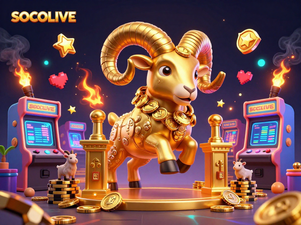 SOCOLIVE features golden ram and goats amidst arcade machines, vibrant colors, and gambling excitement.