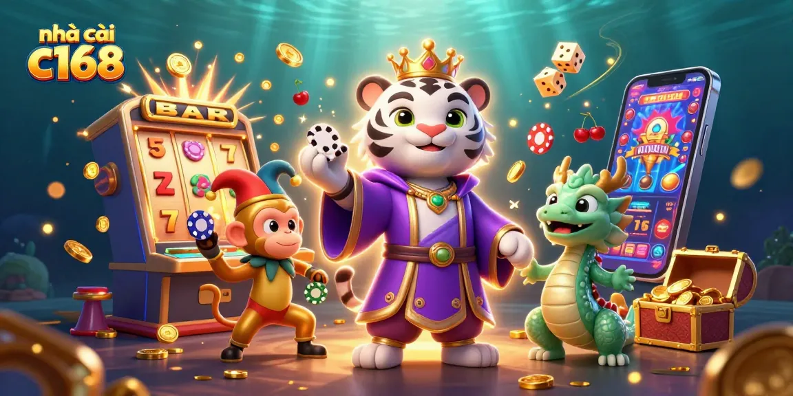 Engage with nhà cái c168 and enjoy a vibrant 3D illustration featuring dynamic casino elements and playful characters.