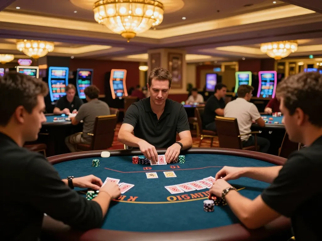 Players engaging at poker tables in a luxurious casino environment, highlighting 88vvgo gaming experience.