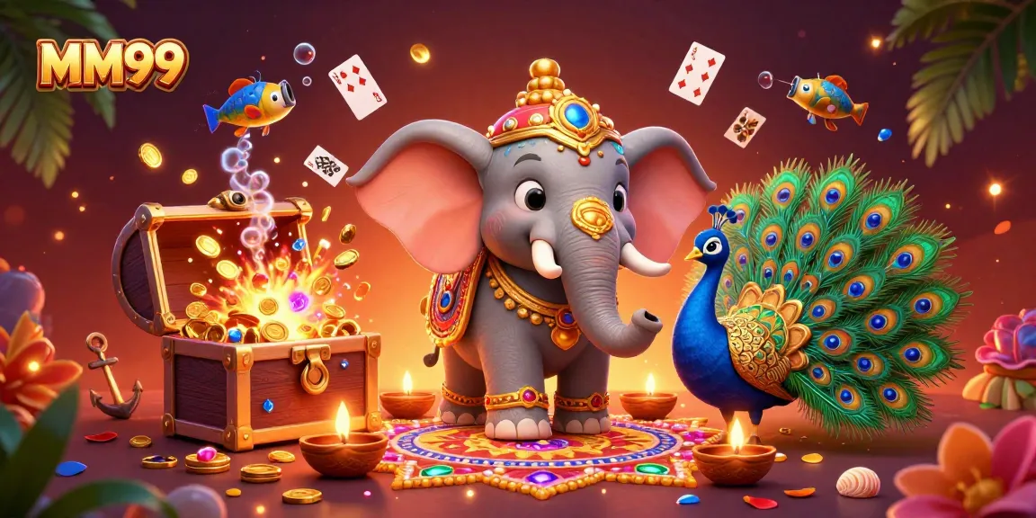 Engage in MM99 gaming with vibrant visuals of treasures, floating cards, and festive characters.