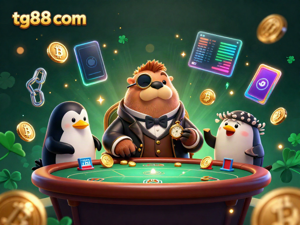 Engage in thrilling underwater poker at tg88 com with a majestic walrus dealer, penguin and pufferfish players, all illustrated in vibrant detail.