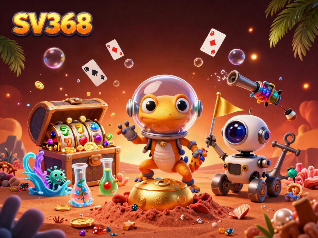SV368 showcases an adventurous Martian gecko discovering a golden casino on Mars filled with vibrant gaming elements.