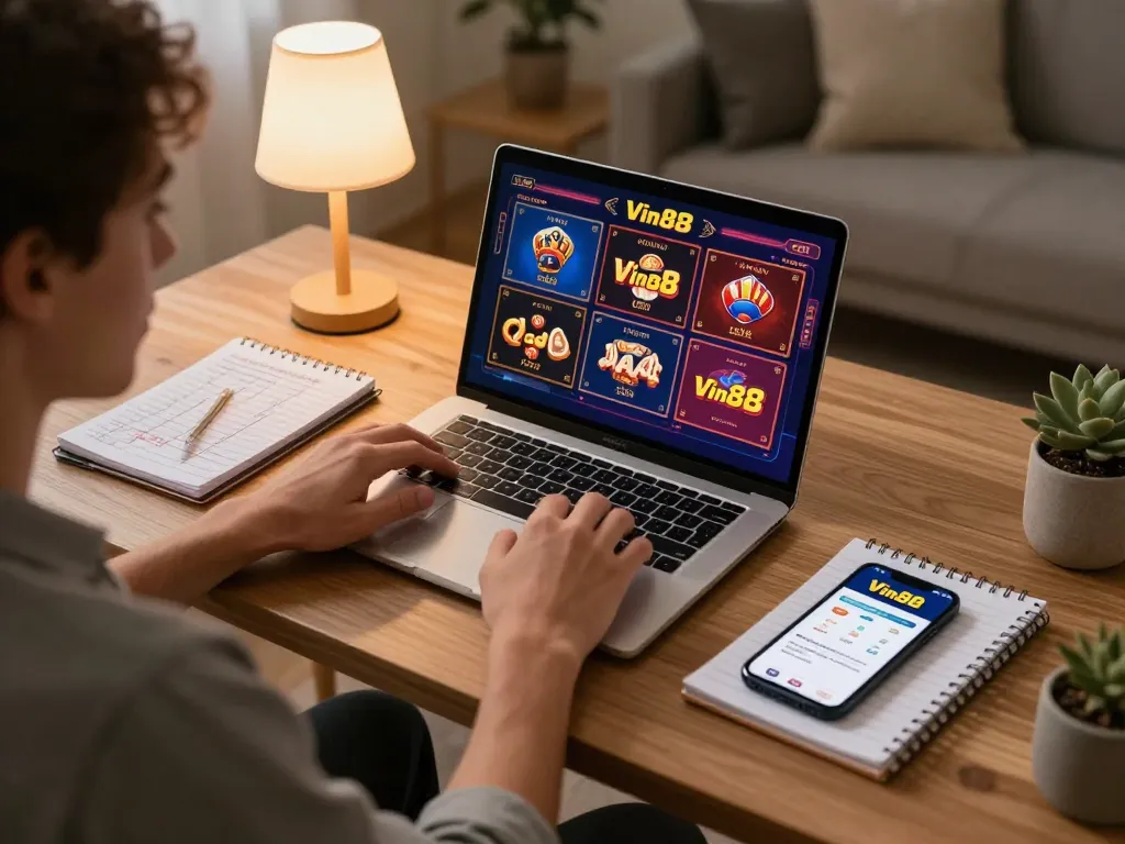 Engaged user playing Vin88's online casino, surrounded by gaming strategy notes, crafting exciting betting experiences.