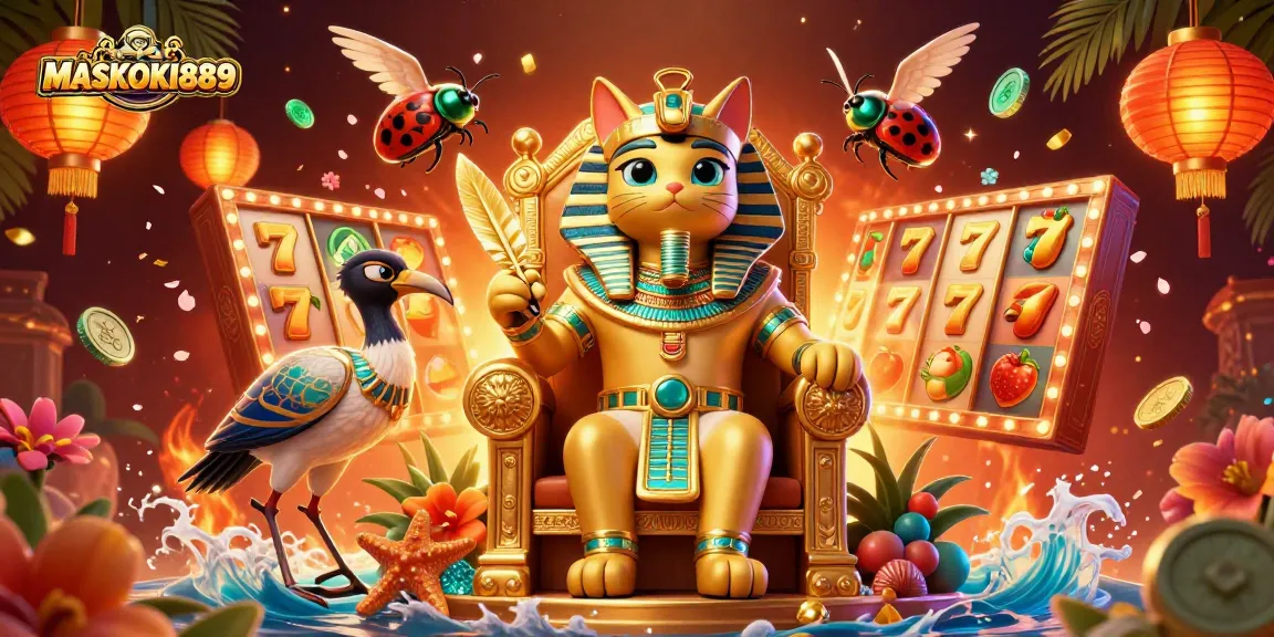 Play slots at MASKOKI889 with vibrant spinning reels and lucky symbols enhancing your gaming experience.
