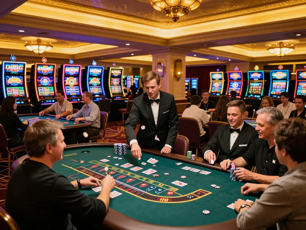 MM88 players enjoying a thrilling blackjack game at a luxurious casino table filled with colorful chips.