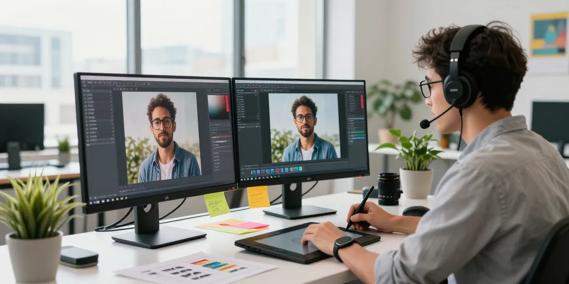 Creative workspace showcasing image to image ai technology in action with dual monitors and artistic setup.