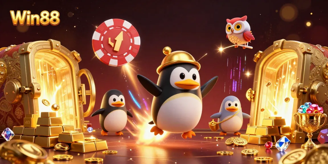 Experience winning thrills with Win88 in vibrant casino-themed digital art featuring dynamic characters and riches.