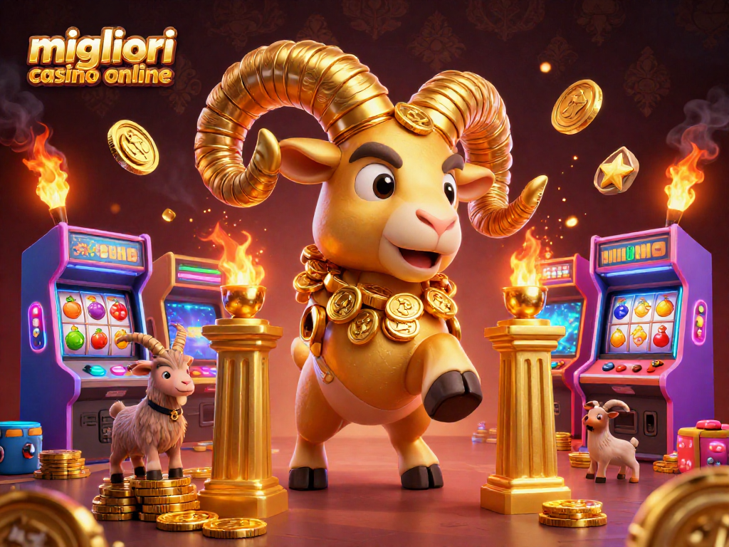 Gioca ai migliori casino online con il possente ariete d'oro in azione tra macchine arcade colorate.