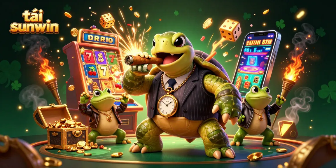 Engage with exciting slots at tải sunwin, featuring a turtle mobster, jackpot coins, and vibrant casino action.