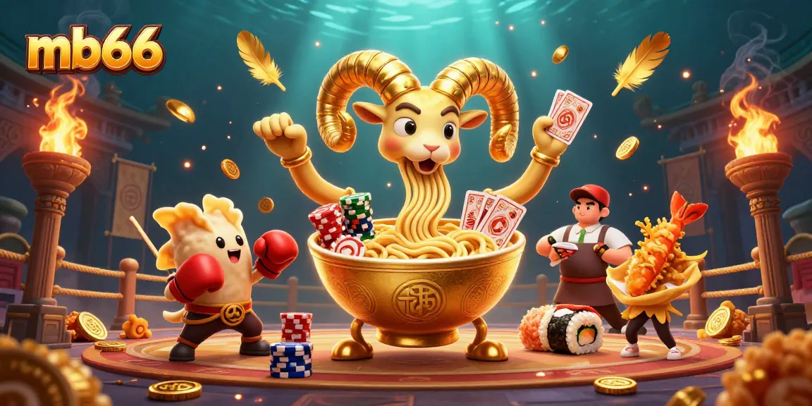 Engage with mb66's thrilling games featuring a golden ramen bowl dealing cards and exciting action.