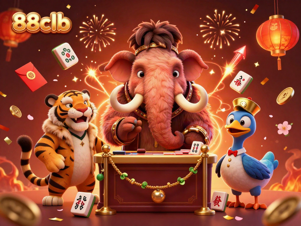 Experience the excitement at 88clb with a colorful casino scene including a mammoth bouncer and vibrant game elements.