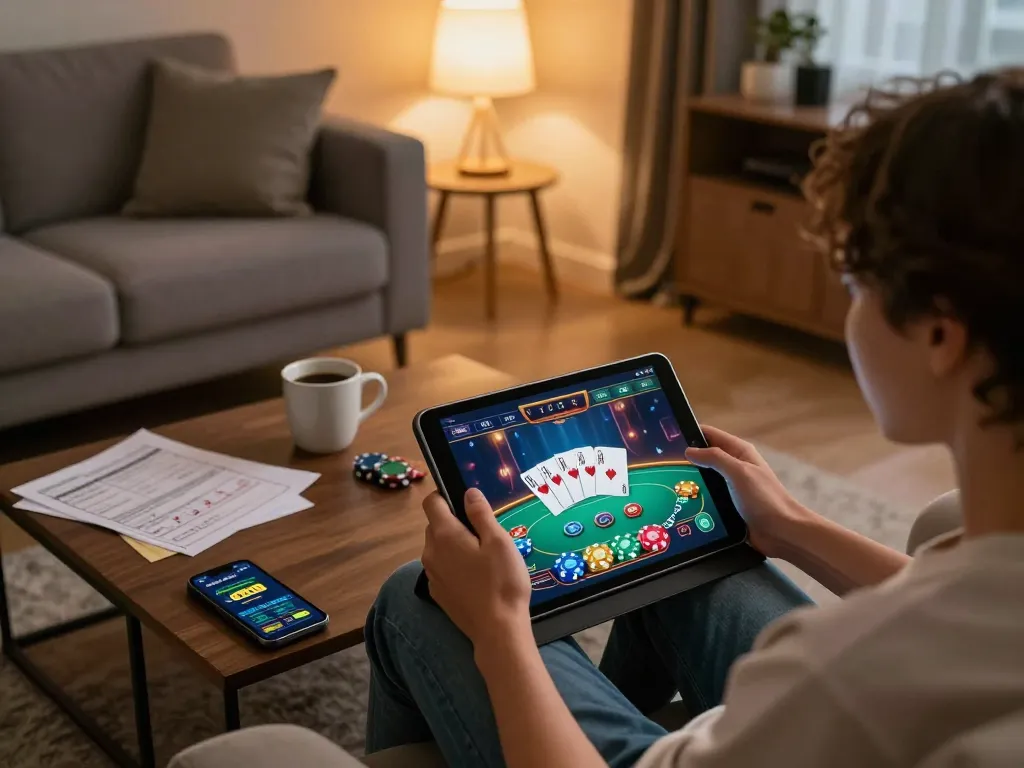 Engaged player exploring 789 win online casino gaming on a tablet with vibrant poker interface