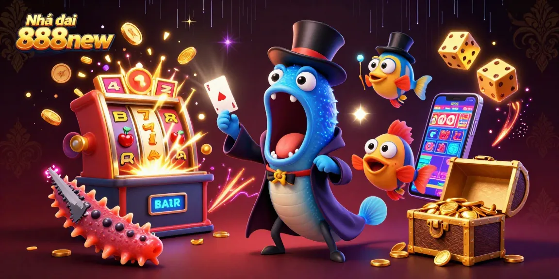 Experience thrilling moments at Nhà cái 888new with a vibrant 3D casino illustration scene featuring exciting slot elements.