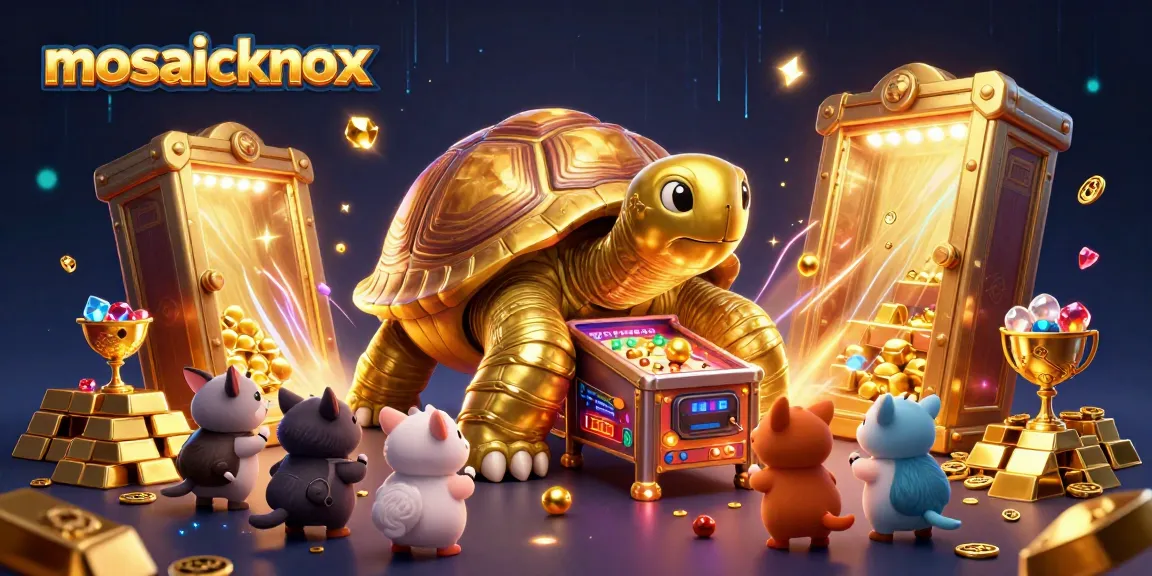Experience the excitement at mosaicknox with vibrant gaming elements surrounding a colossal pinball tortoise.