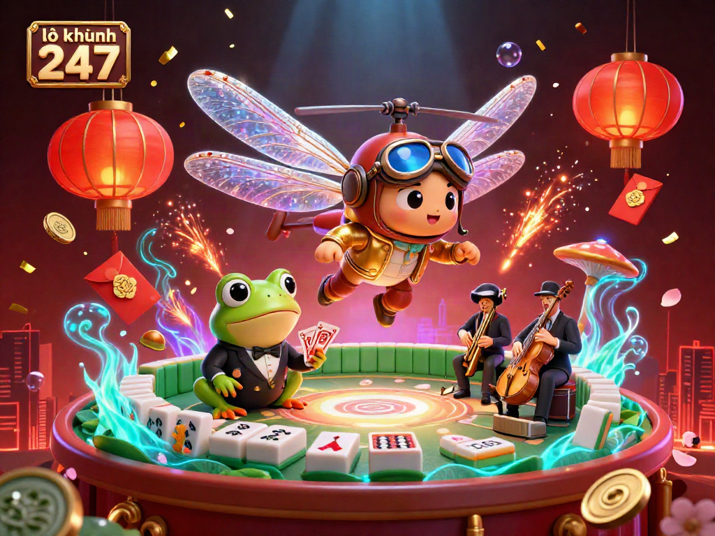 Engage in exciting gameplay with lô khung 247 as a dragonfly pilot hovers above a vibrant lily pad casino.