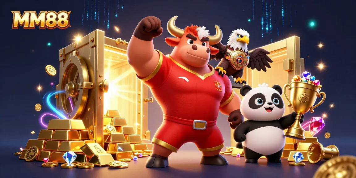 Engage in thrilling fun with MM88, featuring a triumphant bull mascot, an eagle champion, and a trophy panda.