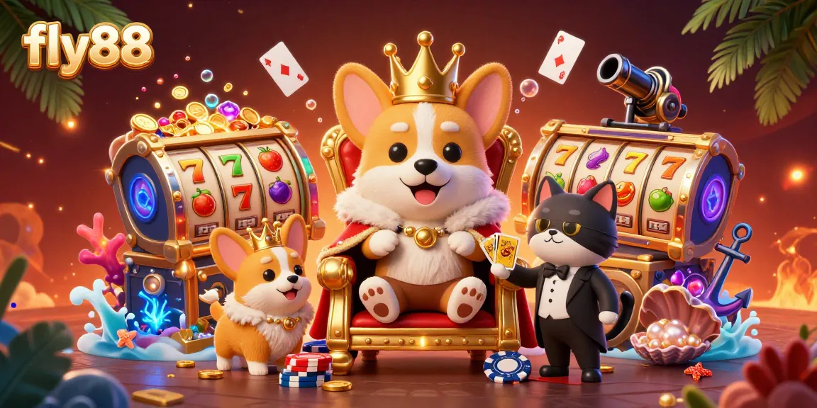 Experience slots with fly88 through a vibrant 3D scene full of colorful casino elements and fun characters.