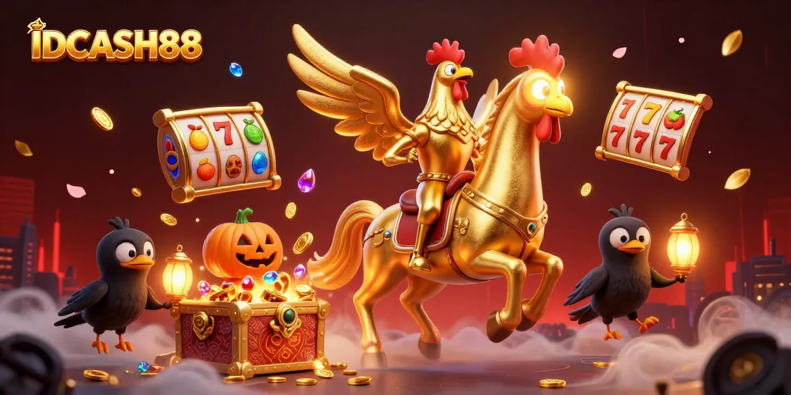 Spin the reels with IDCASH88 in this vivid casino scene featuring golden rooster and treasures.