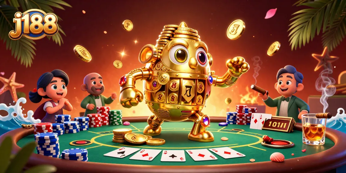 Experience thrilling poker action with j188’s golden golem amidst vibrant poker elements.