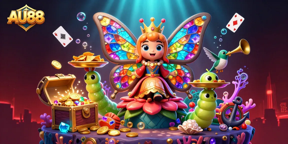 Experience vibrant gaming excitement at AU88 with a butterfly queen and casino treasures in a 3D illustration.