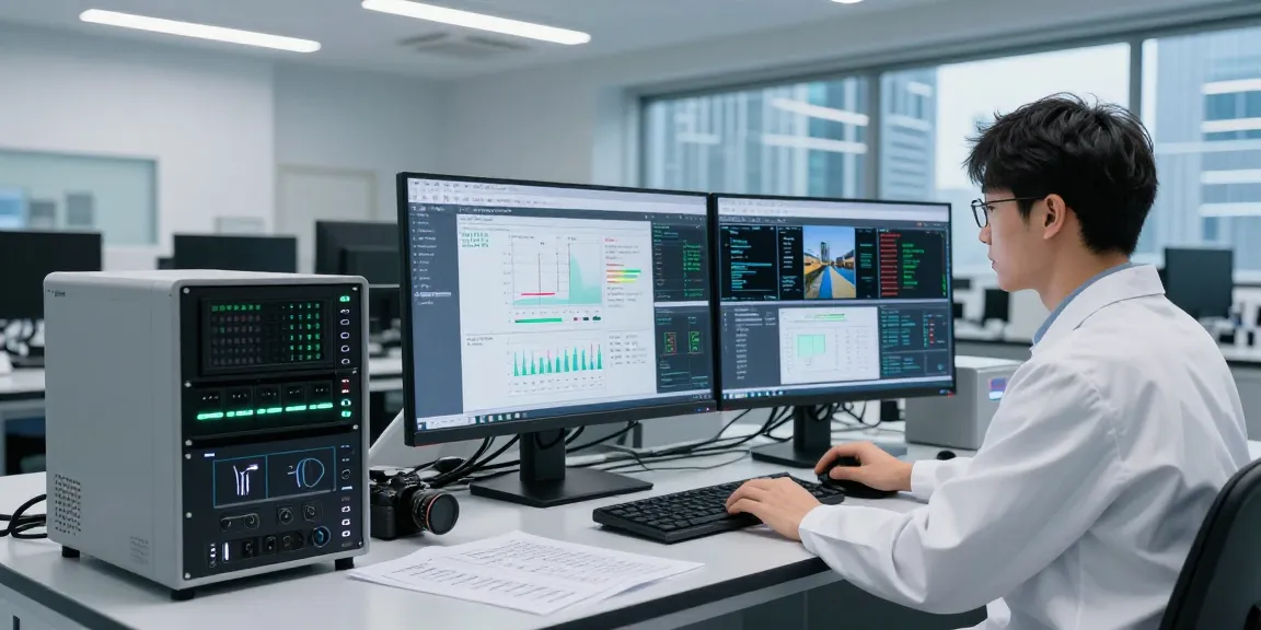 AI detector analyzing digital images on high-tech lab workstation with data metrics displayed.