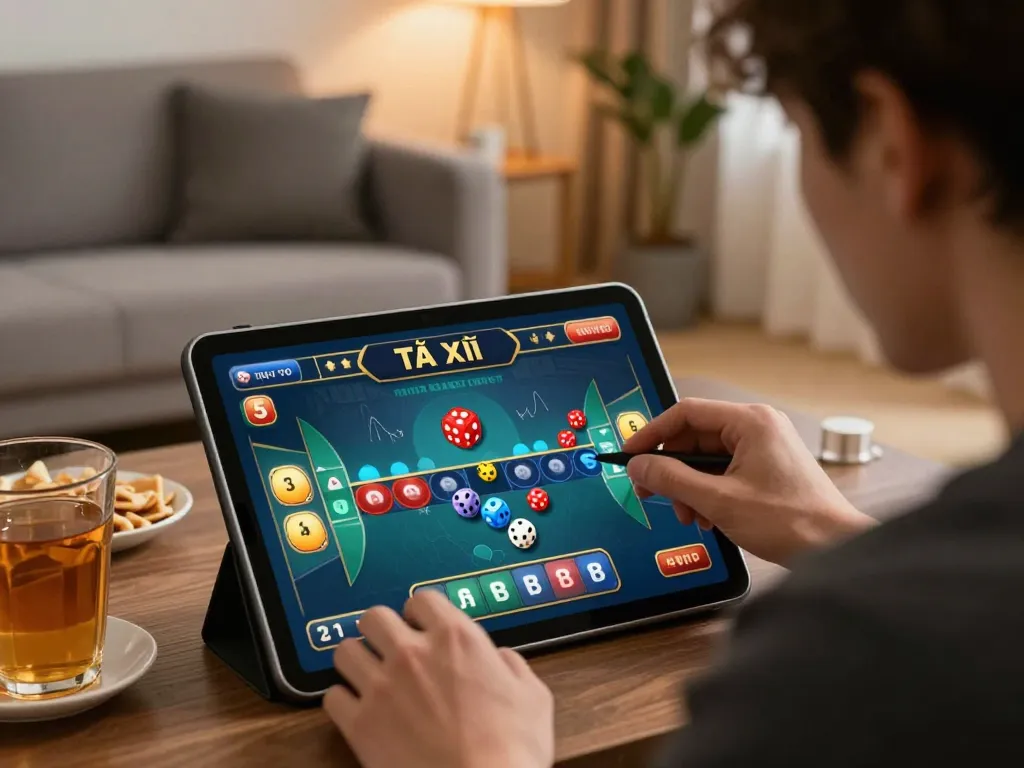 Tài xỉu gameplay on tablet, showcasing engaged player in comfortable home setting, strategic betting.