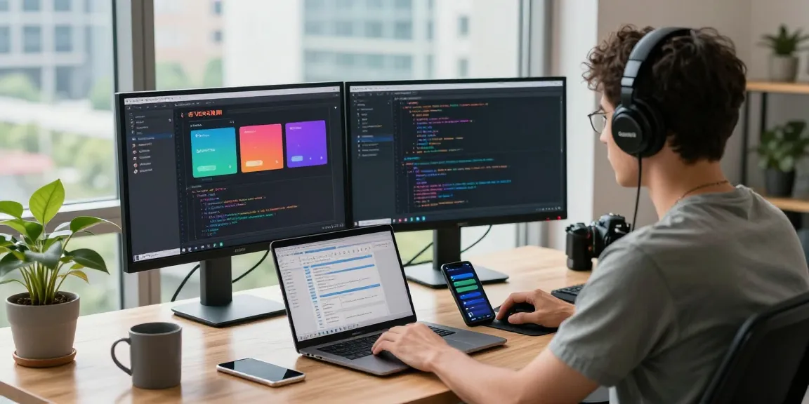 Developer coding on dual monitors featuring 纸飞机中文版官网 in a modern workspace.