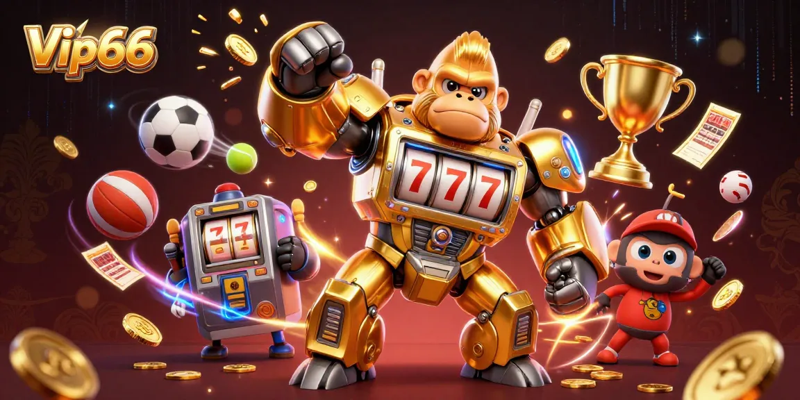 Experience thrilling action with Vip66's golden gorilla mech in a dynamic casino scene.