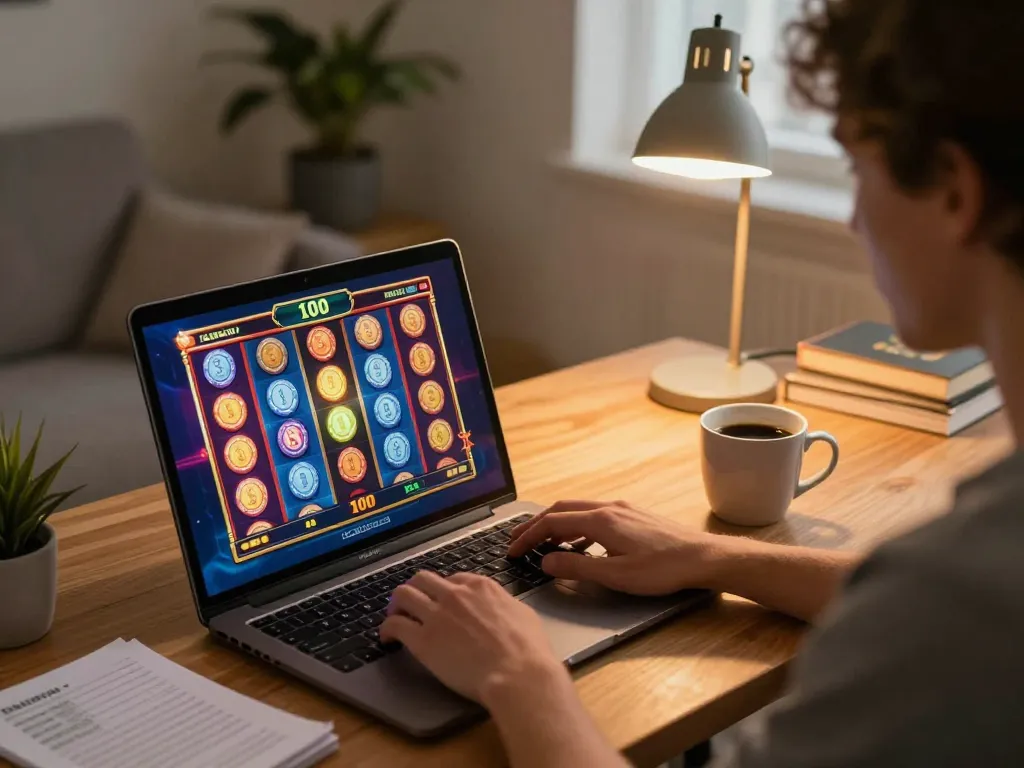 Engaging home gaming scene featuring slot bet 100 on a laptop with strategy notes, creating a cozy atmosphere.