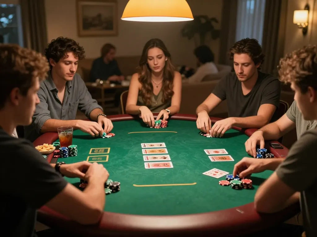 Spieler strategisieren bei einem freundlichen Pokerabend und zeigen das Konzept von Immobilienmakler Frankfurt Eschersheim durch fesselndes Gameplay.
