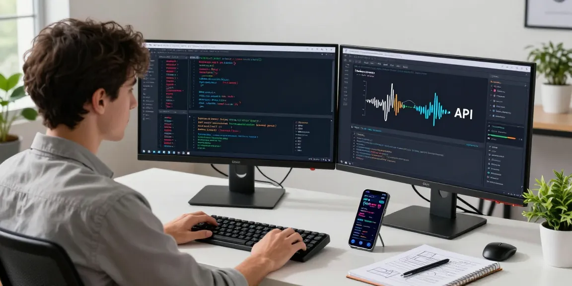 Developer analyzing the Asian stock index API data on dual monitors in a modern workspace setting.