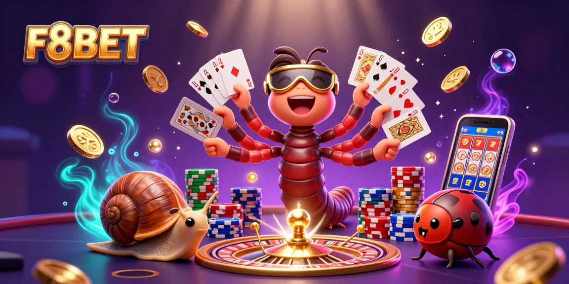 Experience the excitement at F8BET with our colorful 3D illustration showcasing vibrant casino elements and characters.