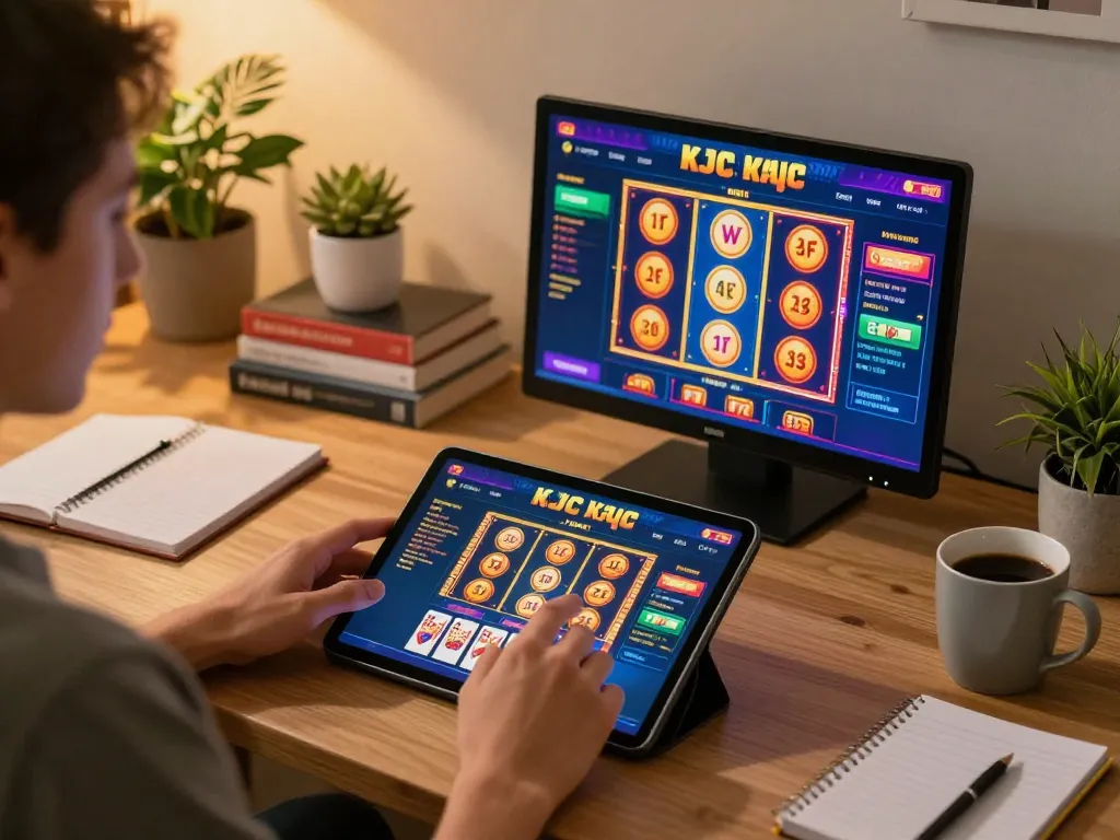 KJC player enjoying an immersive online casino experience with strategic notes nearby.